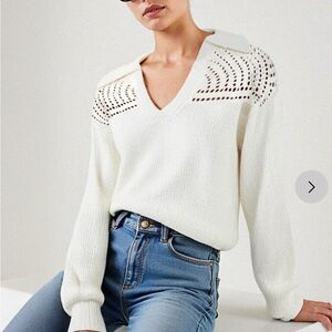 New York & Company White V-Neck Sweater with Embellished Shoulders